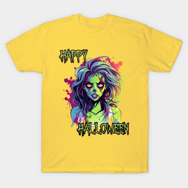 Spooky Zombie Girl Happy Halloween T-Shirt by DivShot 